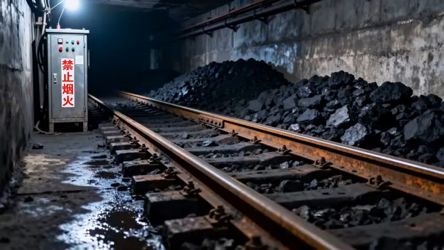  煤矿巷道内铁轨与煤炭场景2082#横屏 	 