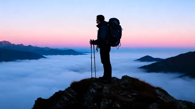 山顶徒步者眺望云海2981#横屏 