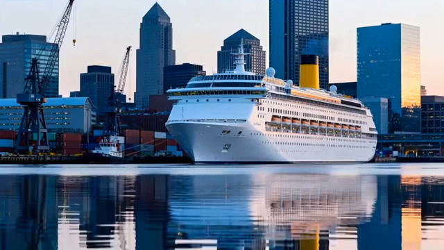  码头游轮与城市建筑景观843#横屏 	 