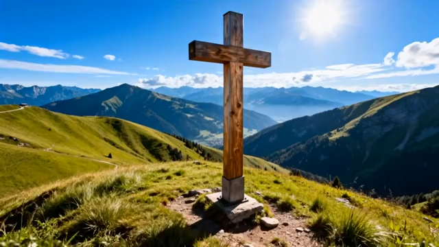 山顶木十字架与山脉风光4723#横屏 