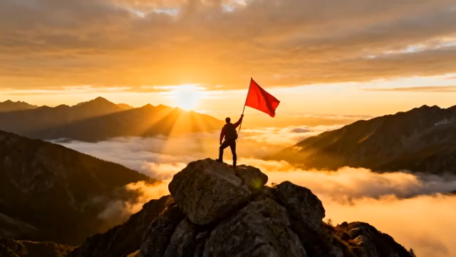 山顶人物举红旗迎日出4358#横屏 