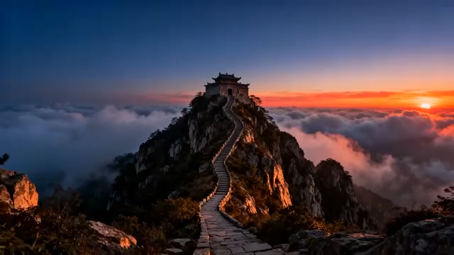 山顶古建筑云海日出景象113#横屏 