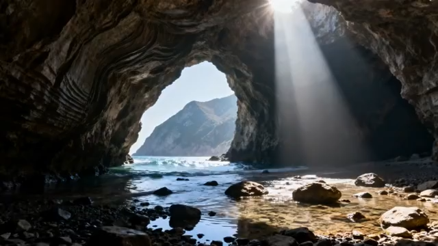 山洞内向外拍摄海景画面4880#横屏 