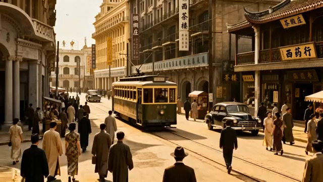  老上海街道行人与有轨电车634#横屏 	 