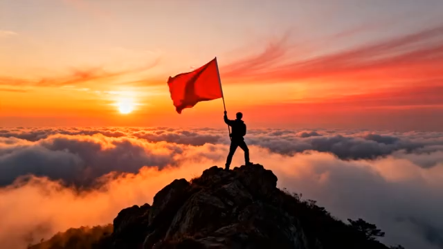 山顶人物举红旗日出景象4403#横屏 