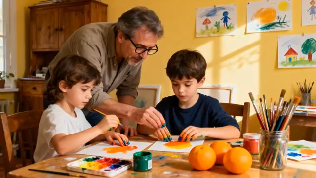  老人指导儿童进行绘画创作2539#横屏 	 