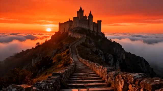 山顶城堡日落云海景观2467#横屏 