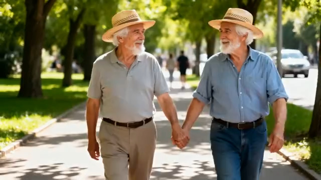  老年朋友公园牵手漫步340#横屏 	 