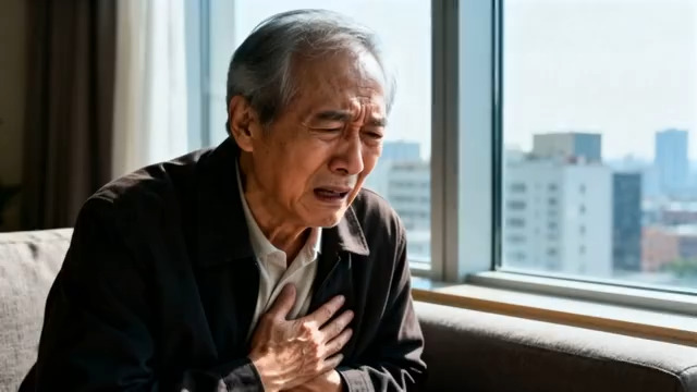  老人室内捂着胸口显不适1027#横屏 	 