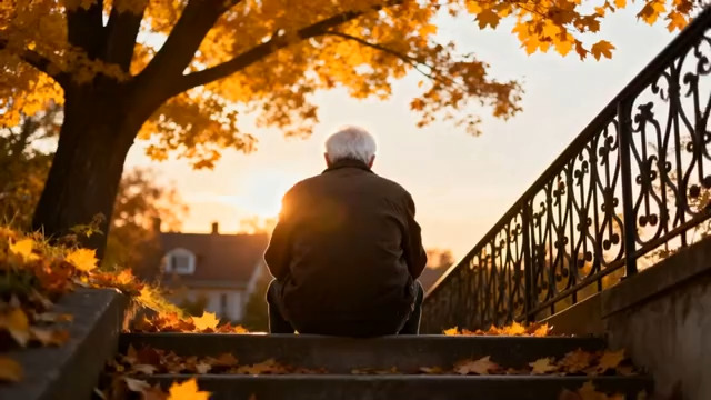  老人秋日黄昏独坐台阶背影1439#横屏 	 