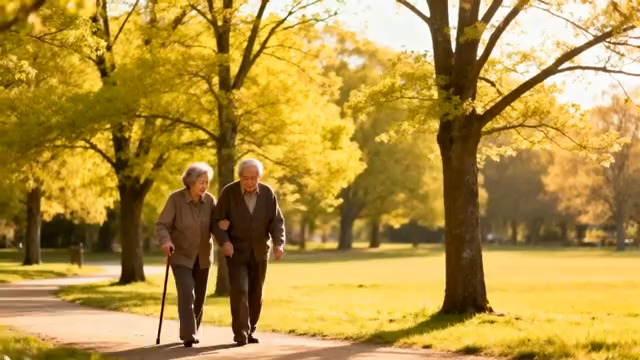  老年夫妇公园漫步场景2941#横屏 	 