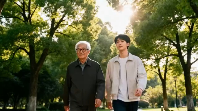  老人与年轻人公园漫步1581#横屏 	 -