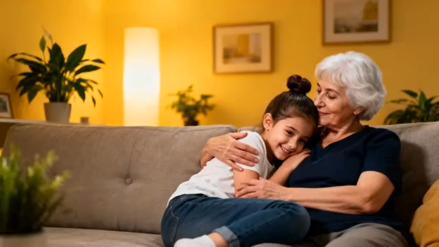  老人与孩子沙发上亲昵依偎1553#横屏 	 