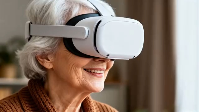  老年女性佩戴虚拟现实眼镜1131#横屏 	 