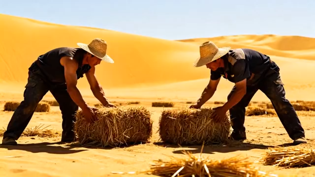 沙漠中工人搬运草垛素材5342#横屏 