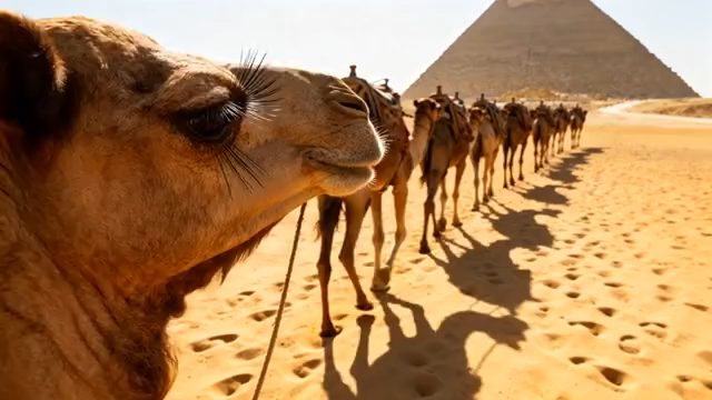 沙漠中骆驼队与埃及金字塔4586#横屏 