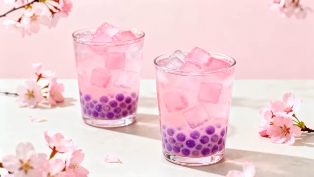  两杯樱花珍珠奶茶特写855#横屏 	 