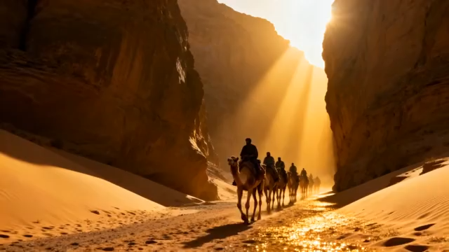 沙漠中骆驼队逆光行进1197#横屏 