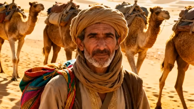 沙漠中牵骆驼的阿拉伯老人4864#横屏 