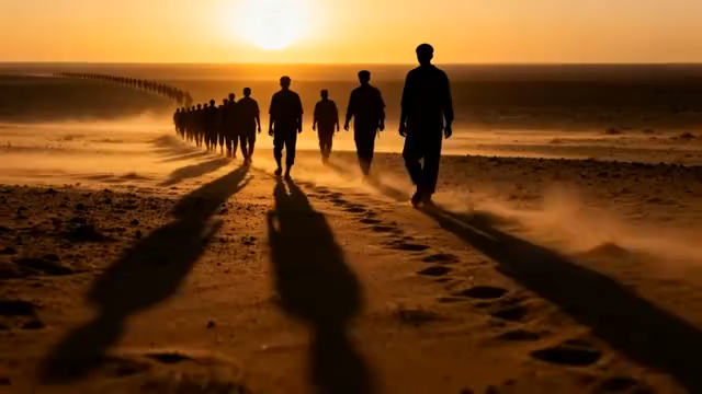 沙漠中军人日落时分行军2934#横屏 