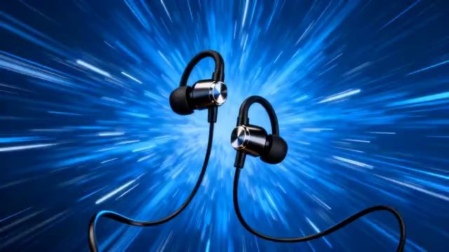  蓝色背景下的入耳式耳机素材1578#横屏 	 