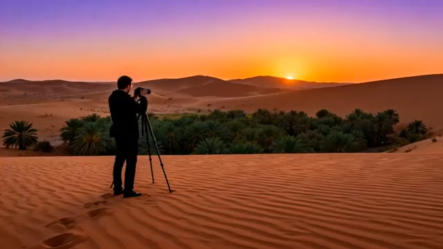 沙漠中摄影师拍摄日落景象3713#横屏 