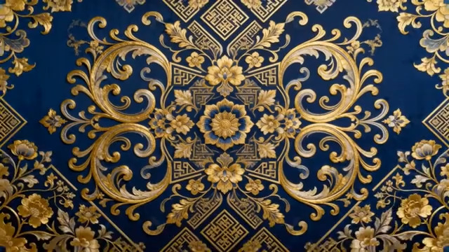  蓝底金色花纹中式装饰图案2987#横屏 	 