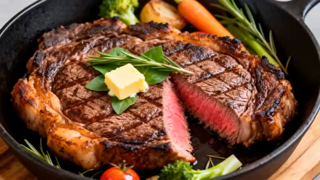  煎锅中的牛排与配菜1741#横屏 	 - 