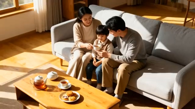  家庭客厅亲子温馨喝茶场景1337#横屏 	 -