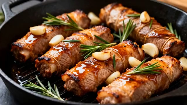  煎锅烹饪牛肉卷素材1297#横屏 	 