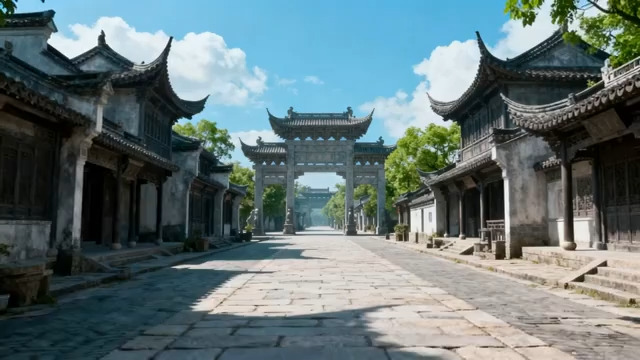  江南古镇古建筑街道全景365#横屏 	 