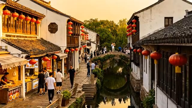  江南古镇街道行人与灯笼景象900#横屏 	 - 