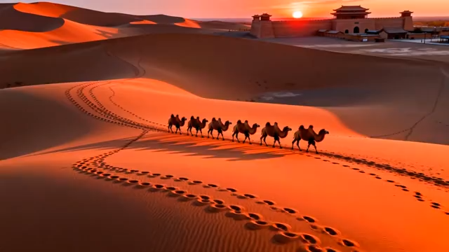 沙漠夕阳下的骆驼队4758#横屏 