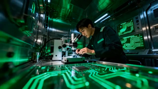  科研人员使用显微镜观察芯片2581#横屏 	 