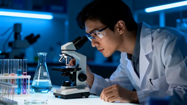  科研人员实验室使用显微镜观察978#横屏 	 