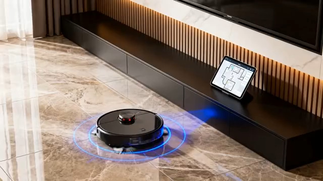  客厅中运行的智能扫地机器人874#横屏 	 