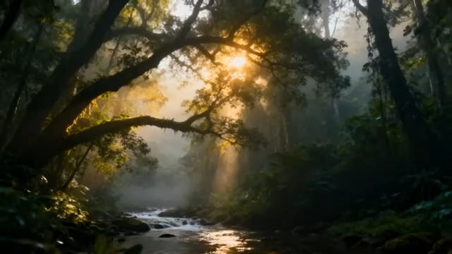 森林中阳光照耀溪流景象387#横屏 