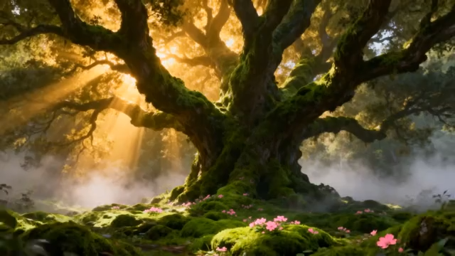 森林中阳光照耀下的古老大树3175#横屏 