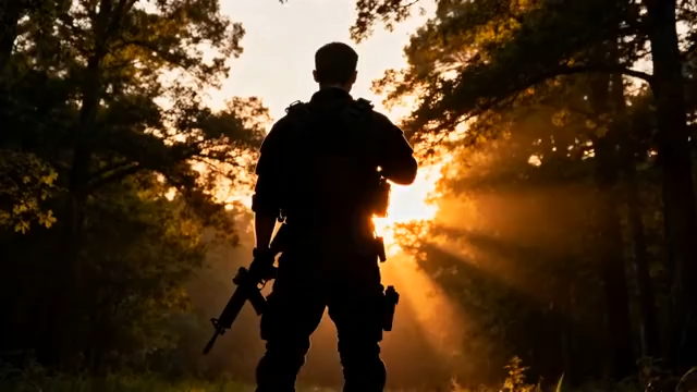 森林中持枪士兵逆光身影4435#横屏 