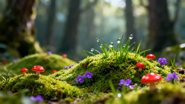 森林中苔藓上的蘑菇与小花5271#横屏 