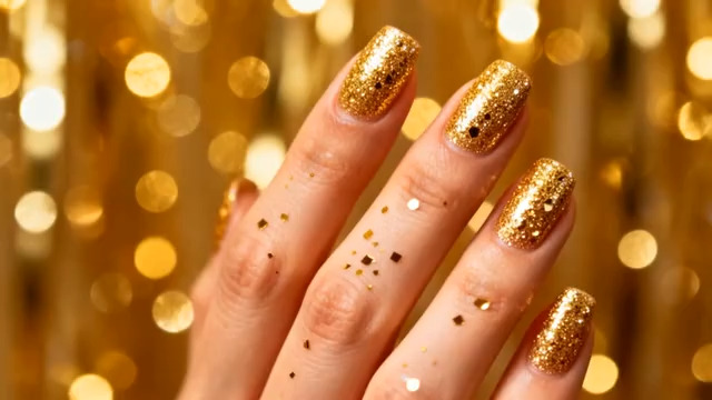  金色闪光美甲特写素材2667#横屏 	 