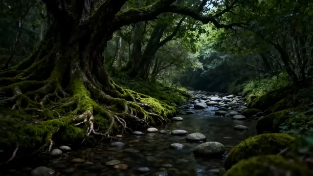 森林中溪流与茂盛树木景观4445#横屏 