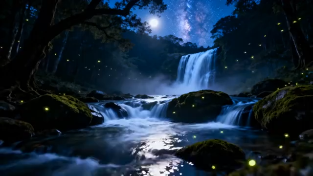 森林夜景瀑布星空素材1159#横屏 