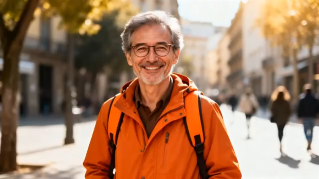  街道上微笑的背包老人860#横屏 	 