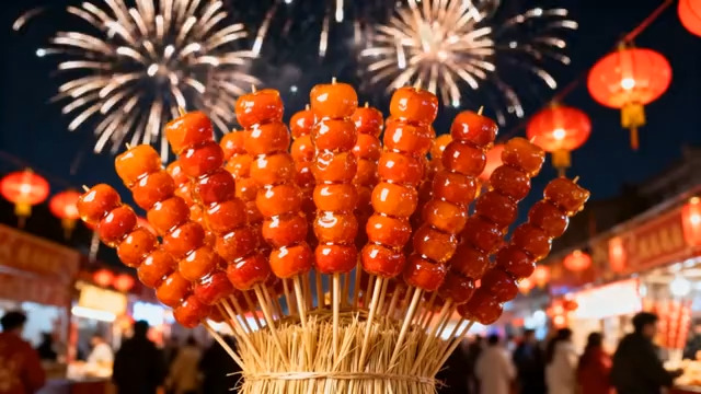  节日集市糖葫芦与烟花景象1404#横屏 	 