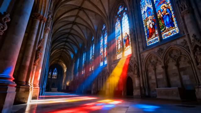  教堂内彩色光线透过花窗景致383#横屏 	 