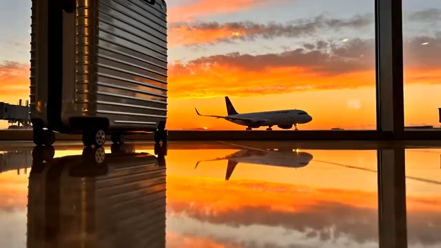  机场候机厅窗外日落飞机画面2187#横屏 	 