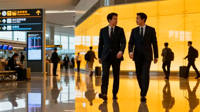  机场内两位商务人士行走画面977#横屏 	 