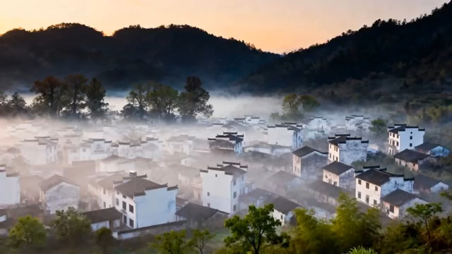  徽派建筑村落晨景1266#横屏 	 