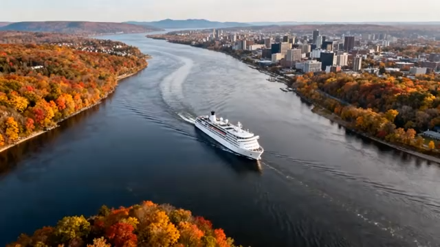 秋季河流城市风光航拍素材687#横屏 